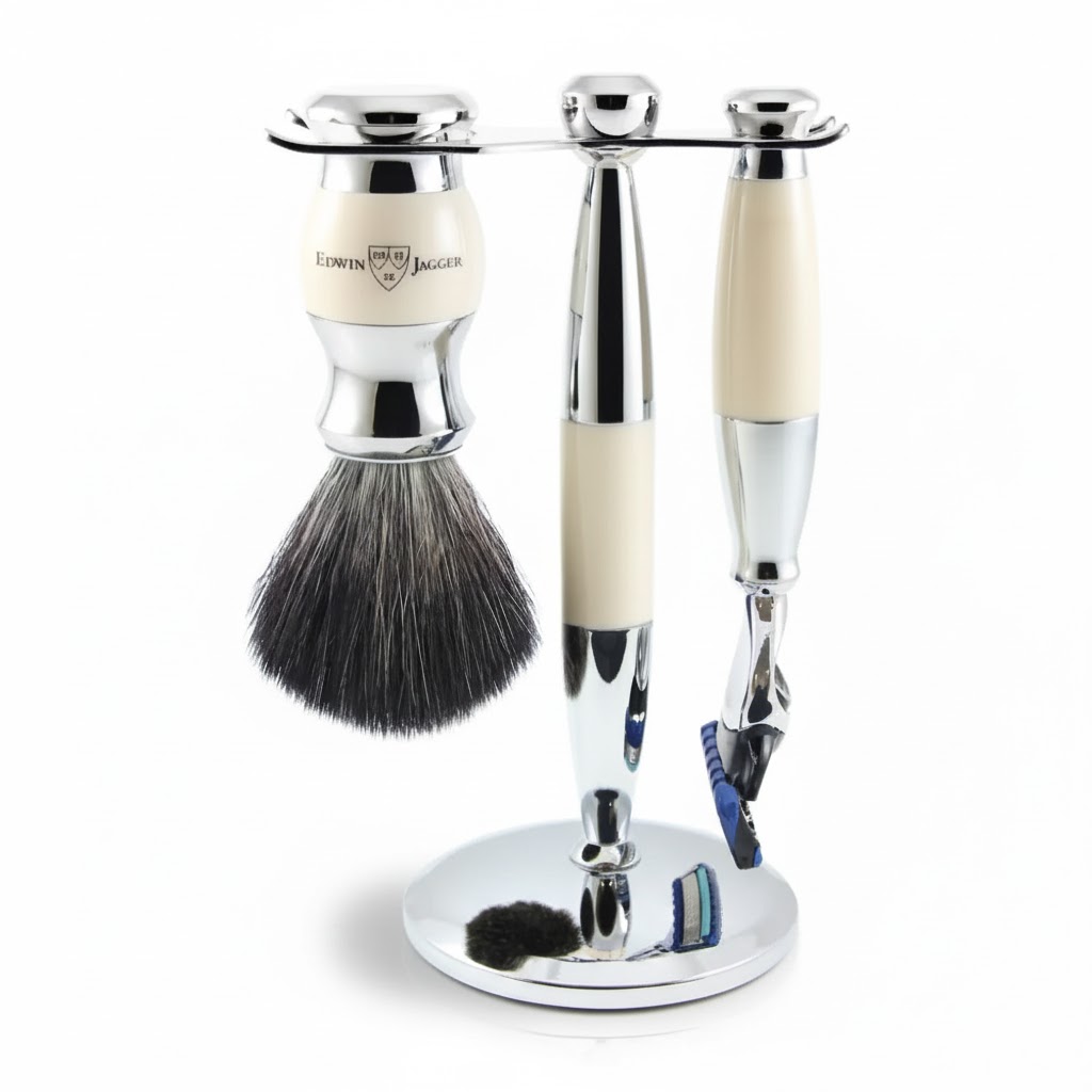 Shaving Accessories - Edwin Jagger 36 Range Set Of 3 Fusion Razor, Brush & Holder Ivory/Chrome