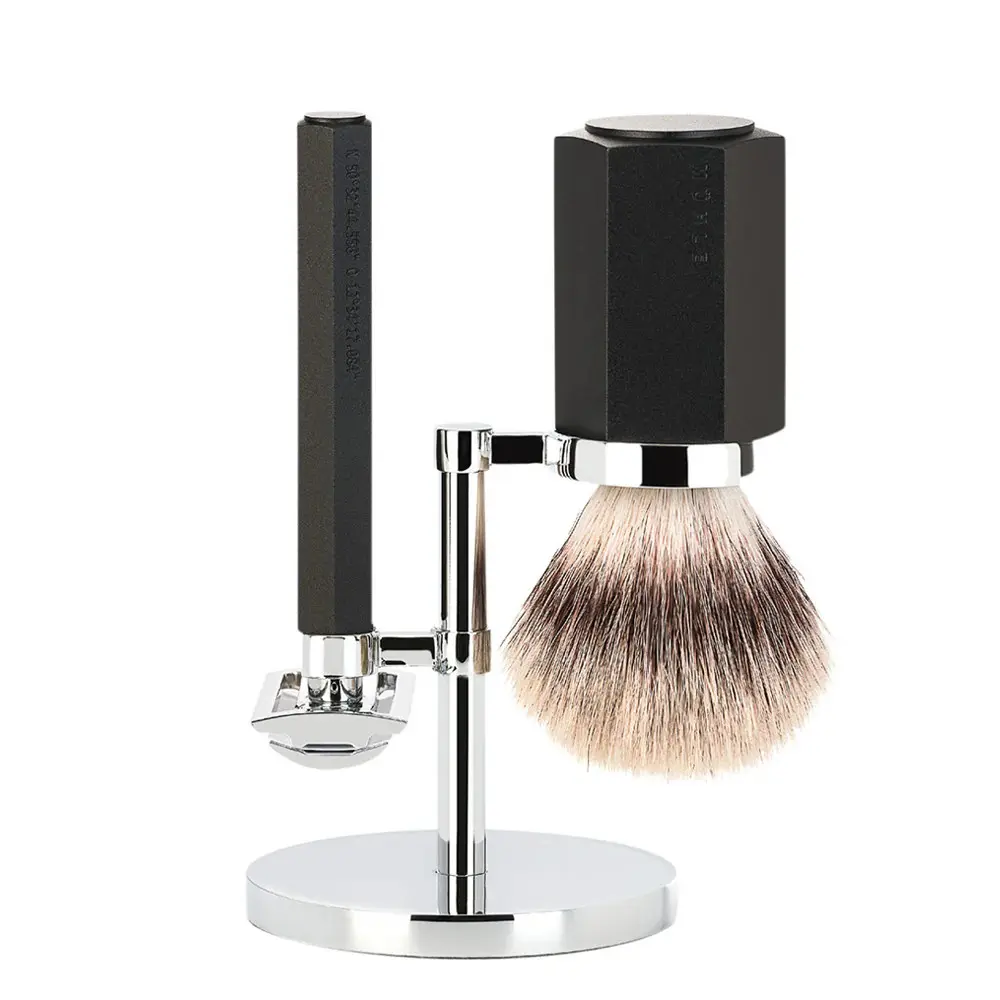 Shaving Accessories - Mühle Hexagon Set Of 3 Safety Razor, Silvertip Fiber Brush & Holder - Graphite