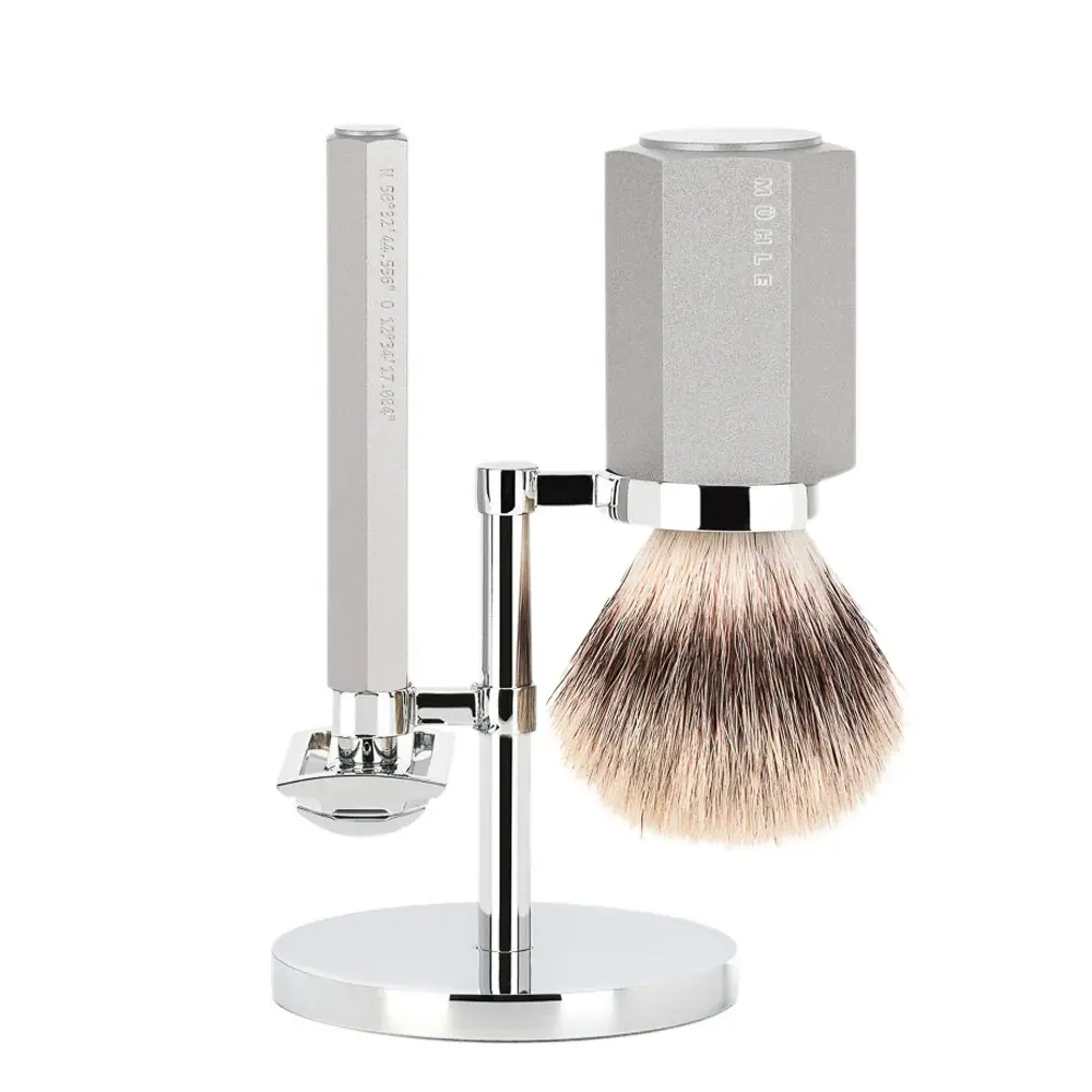 Shaving Accessories - Mühle Hexagon Set Of 3 Safety Razor, Silvertip Fibre Brush & Holder - Silver Grey 
